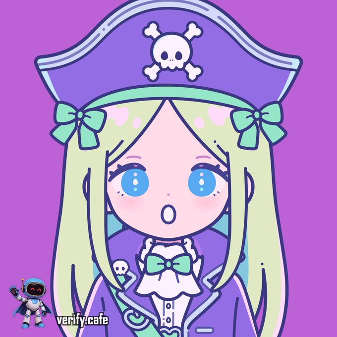 An anime-style cartoon girl with long green hair wearing a purple pirate hat with skull and crossbones, accompanied by a small robot mascot and the text 'verify.cafe'.