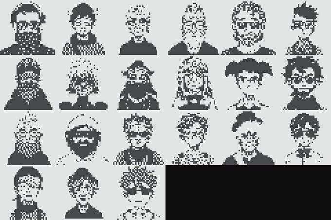 A grid of pixel art character portraits rendered in black and white, showing various people with different hairstyles and glasses.