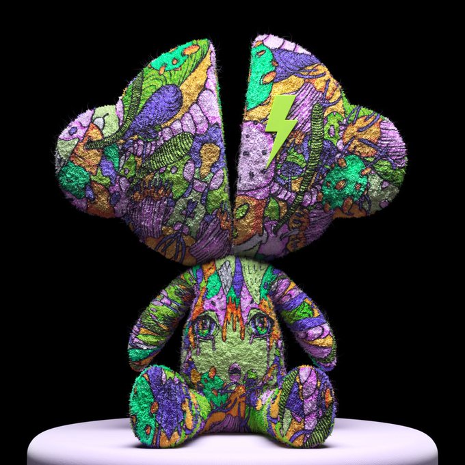 A seated, rabbit-like plush figure with large butterfly wings is displayed against a black background, entirely covered in a vibrant, multicolored doodle-style pattern in purple, green, yellow, and orange, featuring a yellow lightning bolt on one wing and a green skull-like face on its torso. This image illustrates the "LOL™ AOIFE" digital collectible highlighted in the post, being promoted on Rarible by creator Aoife O'Dwyer.