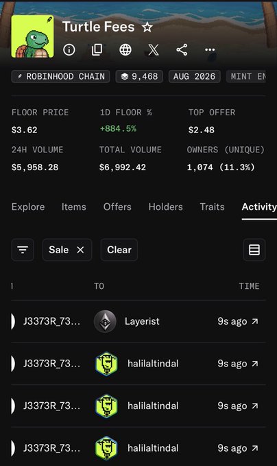 Mobile screenshot of an NFT marketplace listing for 'Turtle Fees' on Robinhood Chain, showing a floor price of $3.62, 1D Floor change of +884.5%, and recent sale activity.