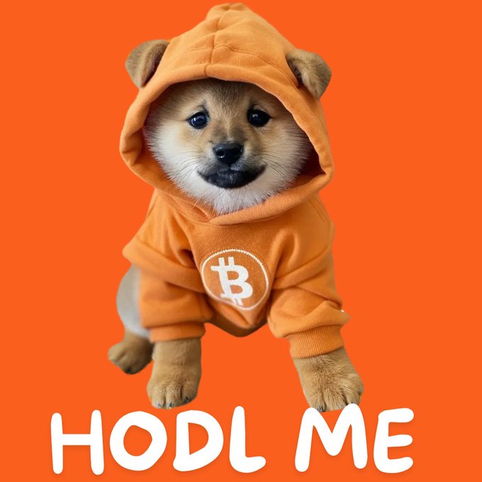 An adorable puppy wearing an orange hoodie with a Bitcoin logo, displayed against a bright orange background with the text 'HODL ME'.