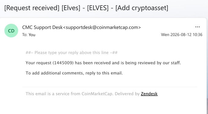 A screenshot of an email from CoinMarketCap Support Desk titled '[Request received] [Elves] - [ELVES] - [Add cryptoasset]' dated Wen 2026-08-12, confirming request #1445009 is being reviewed.