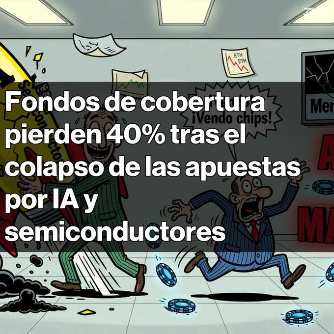 A cartoon illustration showing panicked businessmen running from falling casino chips, with Spanish text reading 'Fondos de cobertura pierden 40% tras el colapso de las apuestas por IA y semiconductores'.