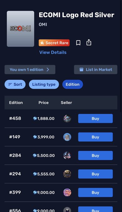 A digital marketplace listing for 'ECOMI Logo Red Silver' (OMI), marked as 'Secret Rare', showing various editions available for purchase ranging from 1,888.00 to 9,000.00 OMI tokens.