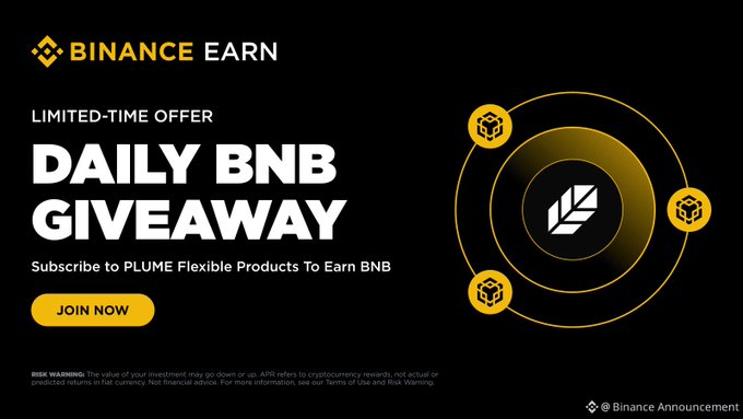 A Binance Earn promotional banner announcing a 'LIMITED-TIME OFFER DAILY BNB GIVEAWAY' for subscribers to PLUME Flexible Products, featuring a yellow 'JOIN NOW' button.