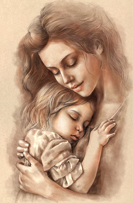 A tender pencil-style illustration depicts a mother cradling her sleeping child in a warm embrace. The intimate, peaceful scene perfectly complements the affectionate sentiment of "Gn fam" (goodnight family), evoking a heartfelt goodnight moment between loved ones.