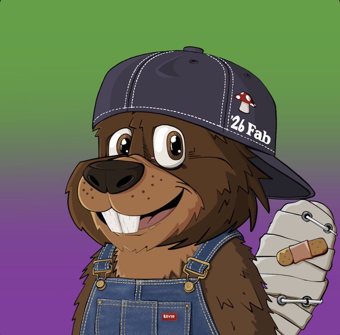 A cartoon illustration of a beaver wearing a navy blue baseball cap with a mushroom and '26 Fab' text, blue Levi's overalls, and holding what appears to be a rolled item, set against a purple and green gradient background.
