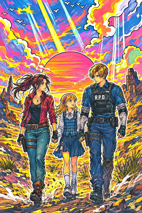 A vibrant, anime-style illustration showing three characters—a woman in a red jacket, a young girl in a skirt, and a police officer—walking forward against a psychedelic, colorful sunset background.