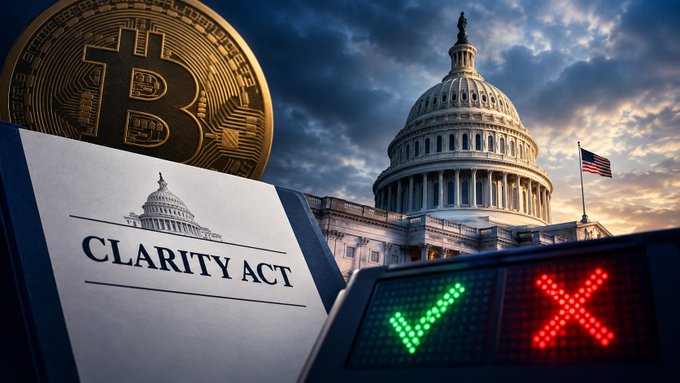 A composite image showing a gold Bitcoin coin, the US Capitol building, a document labeled "CLARITY ACT," and a digital display showing a green checkmark and red X.