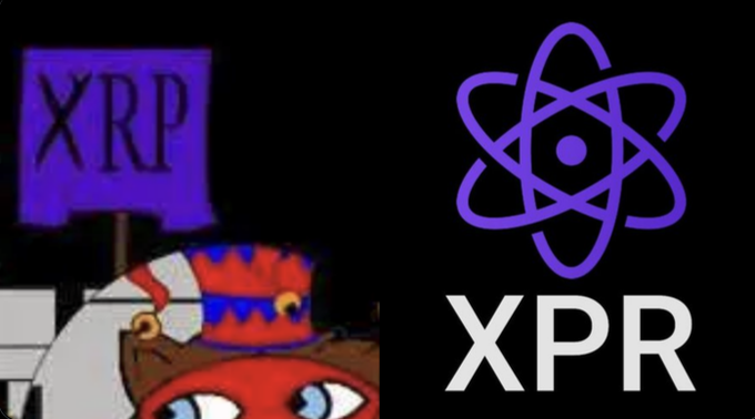 A cartoon character wearing a purple "XRP" flag hat stands next to the React-style atomic logo labeled "XPR," illustrating the coin ticker inversion meme. The image cleverly mirrors the "XRP → XPR" inversion suggested in the post, pairing the purple branding of both icons side-by-side.