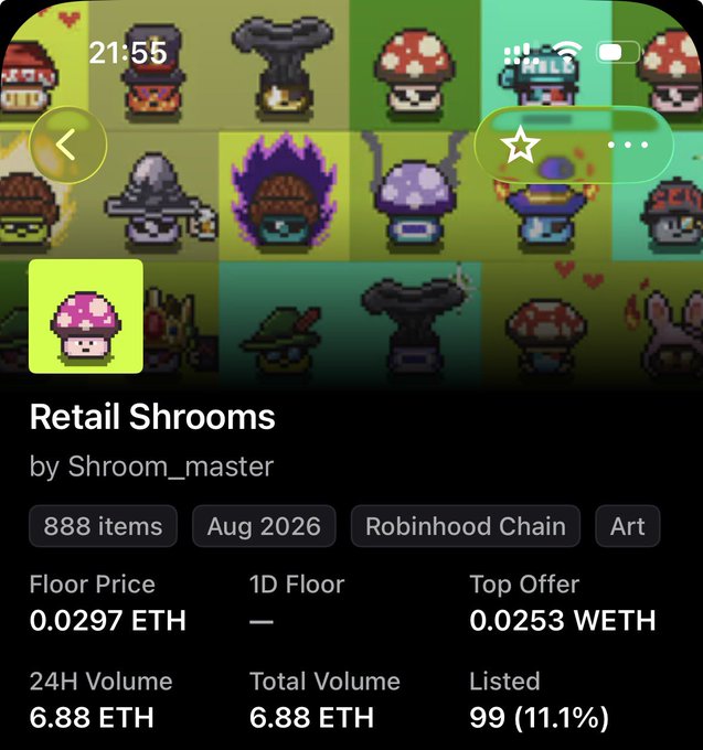 A mobile screenshot of an NFT collection called "Retail Shrooms" by Shroom_master on the Robinhood Chain, featuring 888 items, a floor price of 0.0297 ETH, and 24H volume of 6.88 ETH.