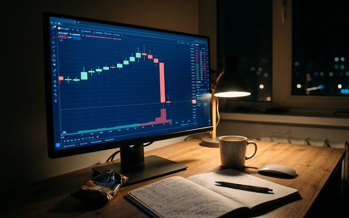 A dimly lit desk setup featuring a monitor displaying a trading chart with red and green candlesticks, accompanied by an open notebook, a pen, a coffee mug, and a mouse on a wooden surface.