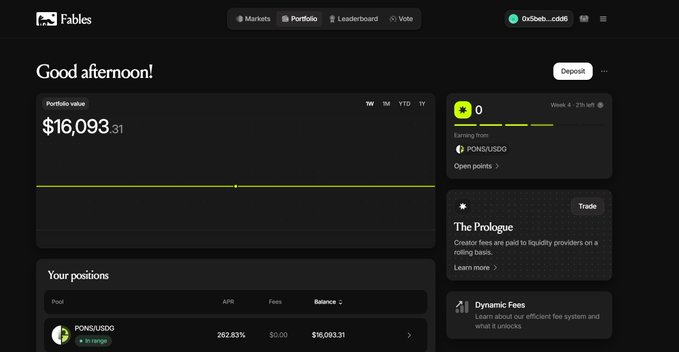 A screenshot of a financial dashboard for a platform called 'Fables', showing a portfolio value of $16,093.31 for an account '0x55eb...cd88', with a position in 'PONS/USDG' showing a 262.83% APR.