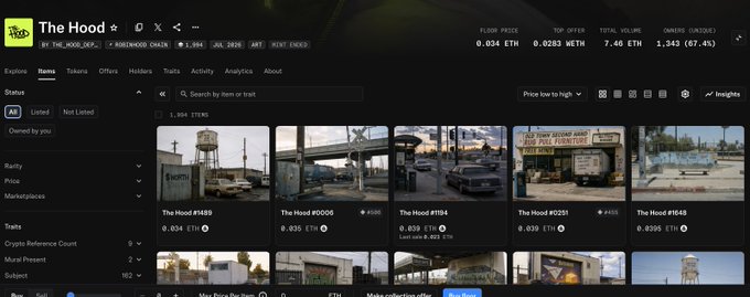 The Hood NFT marketplace displays a collection of 1-164 items with a floor price of 0.034 ETH, top offer of 0.0283 ETH, and 7.46 ETH total volume, showcasing various "Hood" NFTs such as #1659, #0005, #1194, and #0251, which appear to be the basis for the free mint collaboration with @CONN3CTIVITY_ offering 500k tokens per NFT.
