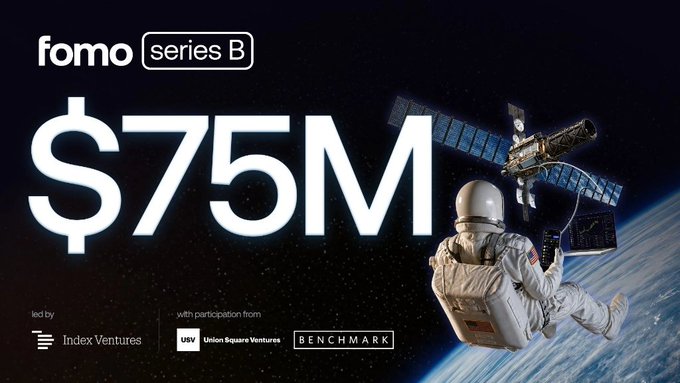 The image promotes Fomo's Series B funding round of $75M led by Index Ventures with participation from USV and Benchmark, featuring an astronaut working at a laptop beside a satellite in space. This "reaching for the stars" imagery humorously contrasts with the post's sobering stats showing only 5.63% of 583,194 Fomo traders are in profit—suggesting that actually profiting on Fomo is as rare as space travel.