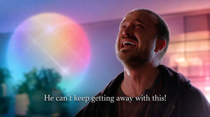 A man is shown looking upward with a frustrated expression in front of a colorful, out-of-focus background, with the subtitle reading "He can't keep getting away with this!".