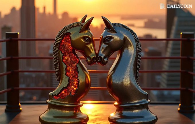 Two ornate chess knight pieces, one bronze with a glowing red molten interior and one dark metallic, face off in a boxing ring against a sunset city skyline backdrop, visually symbolizing XRP's surge to surpass Bitcoin in trading volume on Upbit. The "DAILYCOIN" logo appears in the top right corner.