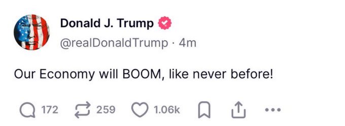 The image shows a verified tweet from Donald J. Trump's account (@realDonaldTrump) posted 4 minutes prior, stating "Our Economy will BOOM, like never before!" The tweet has garnered 172 comments, 259 retweets, and 1.06k likes. The post uses this optimistic economic sentiment as a parallel to predict a major rally for the cryptocurrency Sui.