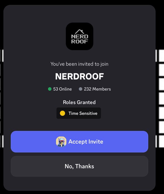 A Discord-style invite screenshot for 'NERDROOF' server showing 53 Online and 232 Members, with a 'Time Sensitive' role granted and 'Accept Invite' button visible.