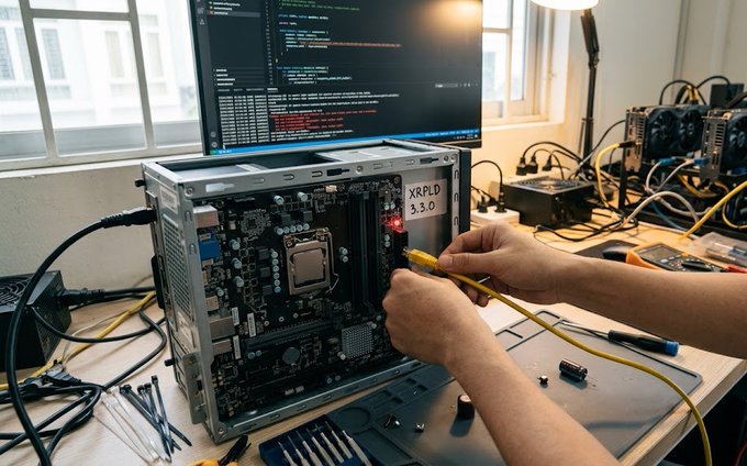 A person's hands are shown working on a computer motherboard with a yellow probe or tool; a small sticker on the board reads 'XRPL 3.3.0', with a monitor displaying code in the background.