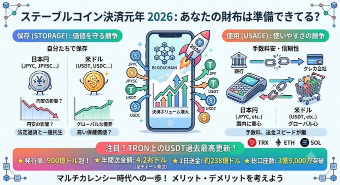 A Japanese infographic titled "Stablecoin Settlement Year 2026: Is Your Wallet Ready?" contrasts JPY stablecoins (JPYC, JPYSC) versus USD stablecoins (USDT, USDC) across storage and usage, with a center graphic of a smartphone launching a "2026 BlockChain" rocket, highlighting TRON's USDT hitting record highs with $90B+ issued, $4.2T annual settlement, $238B daily settlement, and 309M wallet accounts.