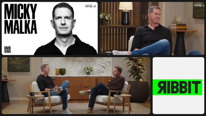 A composite image showing promotional artwork for Micky Malka with text "MICKY MALKA", "DAVID SENRA", and "ramp", alongside photos of him being interviewed, and a green "RIBBIT" logo.