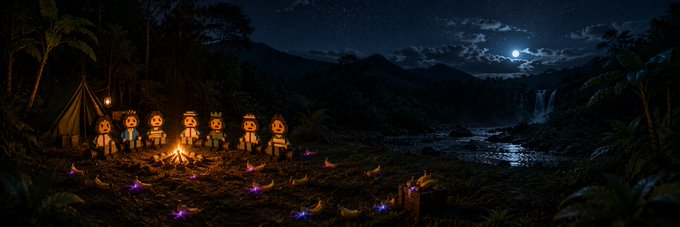 An AI-generated nighttime scene of Pixar-style lamp characters (Luxo Jr.) gathered around a campfire in a jungle clearing, with glowing butterflies, a tent, a waterfall, and a moonlit mountain landscape in the background.