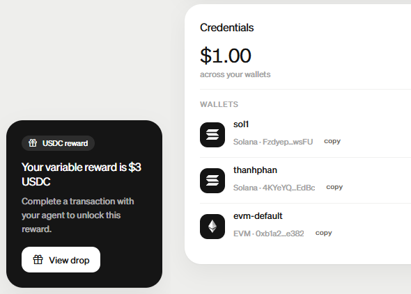 A digital wallet interface displays 'Credentials' showing $1.00 across three wallets (solf, thanhphan, evm-default), with a pop-up indicating a USDC reward of $3.