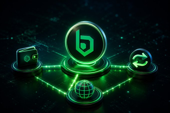 A green-themed digital illustration featuring a central cryptocurrency logo icon flanked by a wallet and exchange/swap symbol, with a globe connected by glowing green lines.
