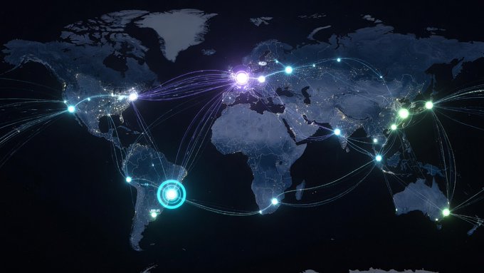 A digital graphic showing a world map at night illuminated by city lights, overlaid with glowing network lines connecting various global nodes/hubs in green, purple, and blue.