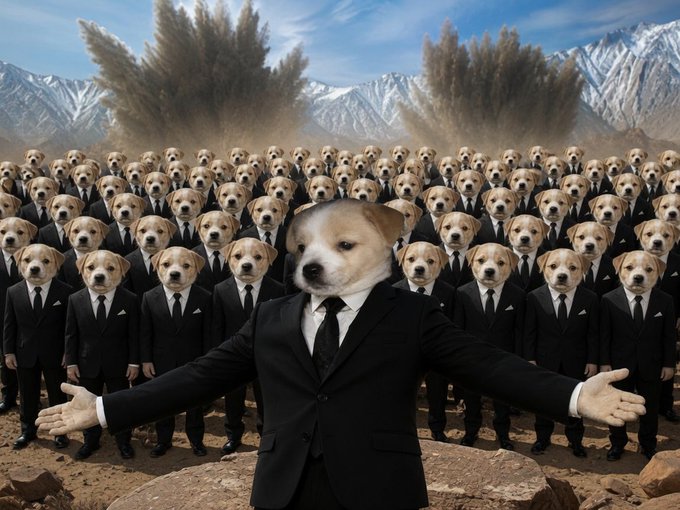 A surreal image features a puppy with a human body in a black suit standing with arms outstretched in front of a massive army of identical puppy-headed people in suits, with dust clouds and mountains in the background.