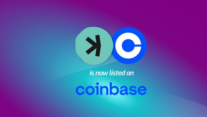 The image is a Coinbase listing announcement graphic showing the Kaspa (KAS) logo next to the Coinbase logo with the text "is now listed on coinbase," ironically representing what the poster wishes were true, as they express frustration about Coinbase's years-long failure to list the Kaspa token despite community outreach.