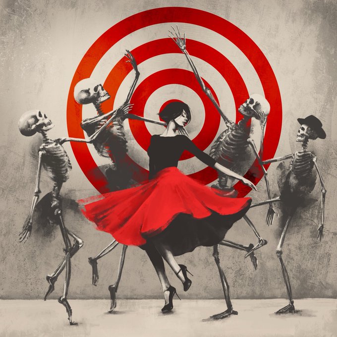 A hand-drawn illustration shows a woman in a flowing red dress dancing in the center of a red-and-white bullseye target, surrounded by four skeletons wearing small hats and posed mid-dance, perfectly capturing the surreal, macabre "dance of the introvert" theme of the artwork.