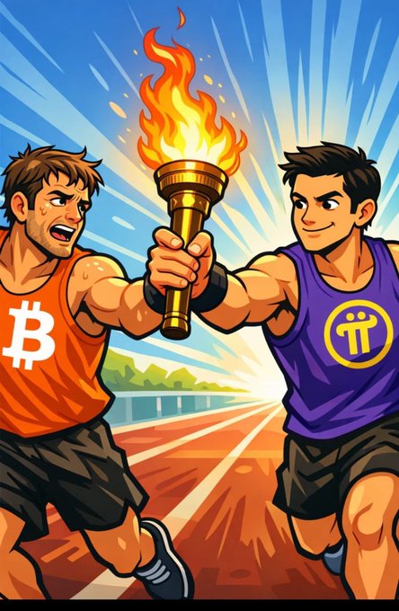 Two animated runners race along a track while jointly holding a flaming torch—one wearing an orange jersey with the Bitcoin "₿" symbol, the other in a purple jersey featuring the Pi Network logo—symbolizing the relay of crypto's original vision toward Pi's KYC-driven, government-ready future.