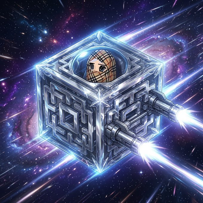 A futuristic chrome cube adorned with circuit-like patterns and rocket thrusters soars through a cosmic starfield, with a masked avatar peering out from a circular opening at the top. The image visually embodies the post's message of Emblem Motion's powerful, multi-chain development platform launching projects at full speed across Solana, Ethereum, Bitcoin, Base, and every EVM chain for just $29/month.