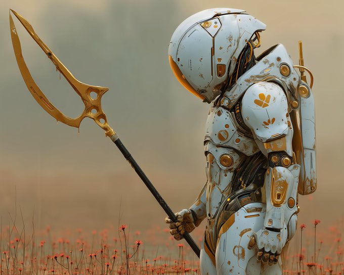 A futuristic white and gold robot with a sleek, helmeted head standing in a field of small red flowers, holding a large, curved golden spear-like weapon.