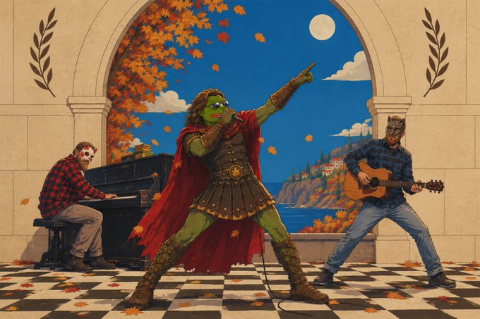 A whimsical illustration depicts a green-skinned warrior singing into a microphone while flanked by a piano player in a plaid shirt and a guitarist wearing a hockey mask, all set against an autumnal backdrop.
