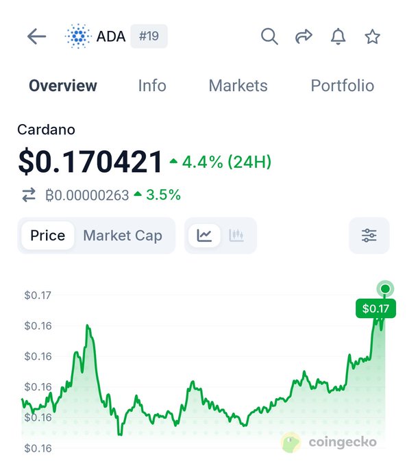 CoinGecko shows Cardano (ADA) ranked #19 at $0.170421, up 4.4% in 24H and 3.5% in BTC, with a green price chart trending upward toward $0.17.