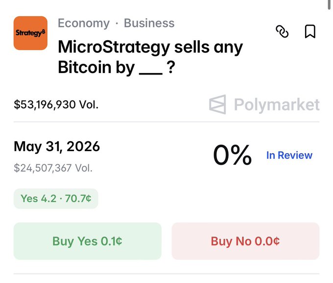 The image shows a screenshot of an application screen from a social media app where it reads "MicroStrategy sells any Bitcoin by...." There are also icons representing whether someone has bought or not, indicating that a user's account is active on this platform. The text indicates there is ongoing commerce and the users have been successful in buying Bitcoins at a good price.