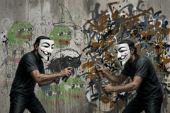 Two masked figures resembling characters from "V for Vendetta" spray-paint colorful street art onto a graffiti-covered wall, blending anarchist imagery with chaotic artistic expression.