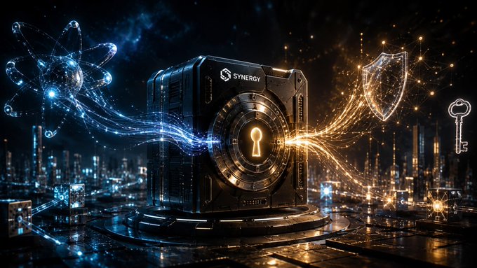 A digital artwork titled SYNERGY featuring a futuristic vault with a keyhole surrounded by glowing blue atom and shield imagery.