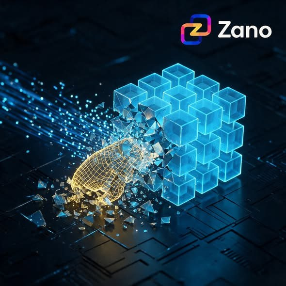 Promotional graphic for 'Zano' featuring a 3D illustration of a digital wireframe lightbulb shattering a cluster of blue cubes on a circuit board background.