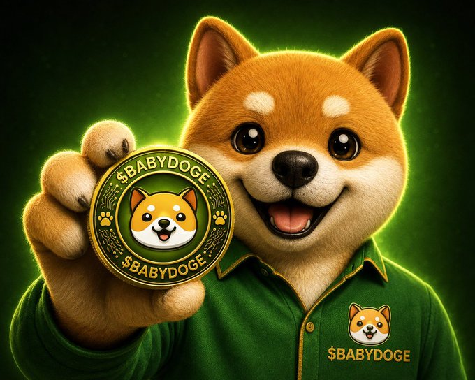 A cheerful cartoon Shiba Inu wearing a green "$BABYDOGE" shirt proudly displays a $BABYDOGE coin, visually reinforcing the post's declaration that $BABYDOGE is the main token. The vibrant green glow and paw-print coin design emphasize the meme coin's branding.