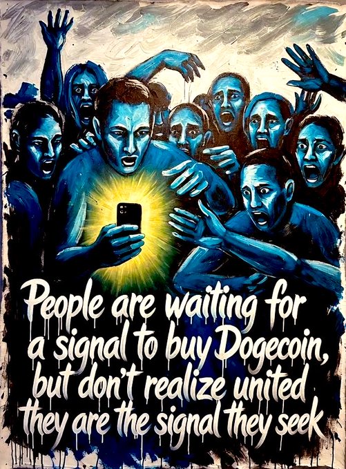 Expressionist painting of a crowd of blue-skinned people reaching desperately toward a glowing smartphone, with the text: 'People are waiting for a signal to buy Dogecoin, but don't realize united they are the signal they seek.'