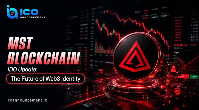 A promotional banner for "MST Blockchain" announcing an IDO update on "The Future of Web3 Identity," featuring the ICO Announcement logo, a red triangular MST coin graphic, and a stock chart background, which visually supports the post's message about MST's focus on decentralized digital identity and Web3 compliance.