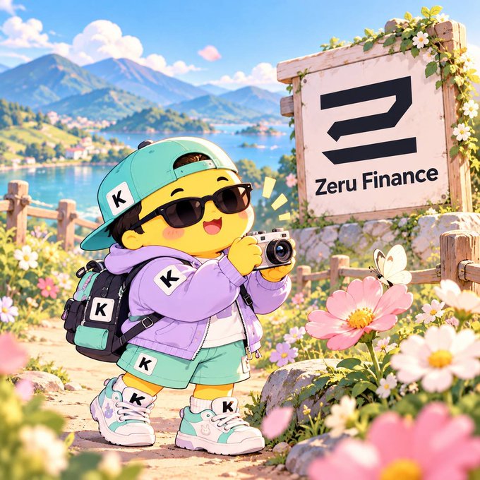 A bright anime-style cartoon character in a purple jacket, turquoise cap, sunglasses, and sneakers holds a camera beside a sign reading “Zeru Finance,” with a lake and mountains in the background.