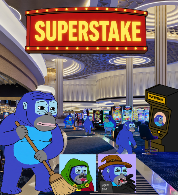 A digital illustration depicting blue gorilla "Monke" characters in a casino setting, with a large illuminated "SUPERSTAKE" marquee sign and slot machines in the background, while one character sweeps the floor and two smaller characters appear in "Ranke Note" panels below—visually representing the Ronkeverse giveaway promotion to Monke players at Superstake.