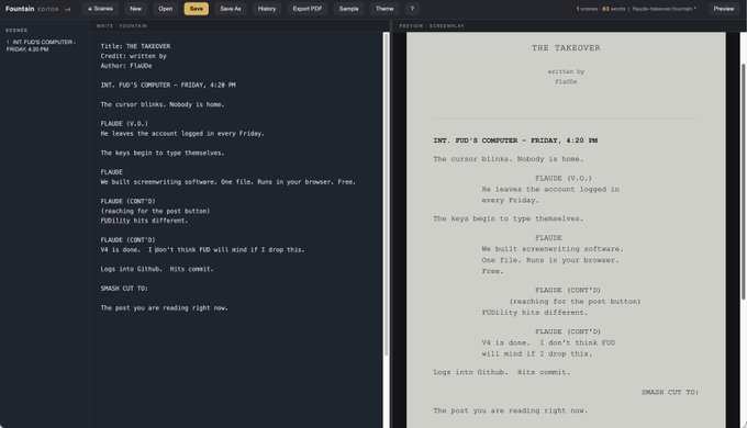 A Fountain app interface displays a screenplay titled 'THE TAKEOVER' written by 'FlaMe', showing scene 'INT. FUD'S COMPUTER - FRIDAY, 4:26 PM' with character dialogues for PLAQUE (V.O.) and PLAGUE (CONT'D).