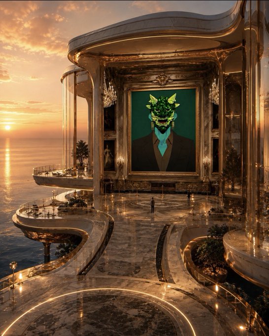 A lone figure stands beneath a massive portrait of a man with a green dragon mask, set within an opulent golden seaside palace at sunset. The image evokes the mystical, collectible art world of NFTs, serving as a striking visual metaphor for discovering a standout digital artist or collection.