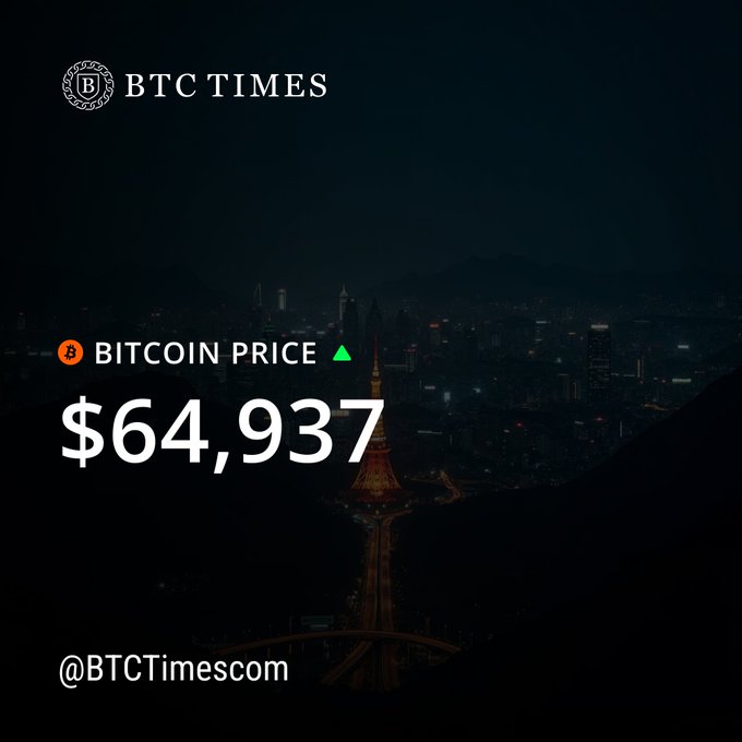 A dark promotional graphic from BTC Times displays the Bitcoin price at $64,937 with a green upward arrow, set against a nighttime cityscape featuring an illuminated tower.